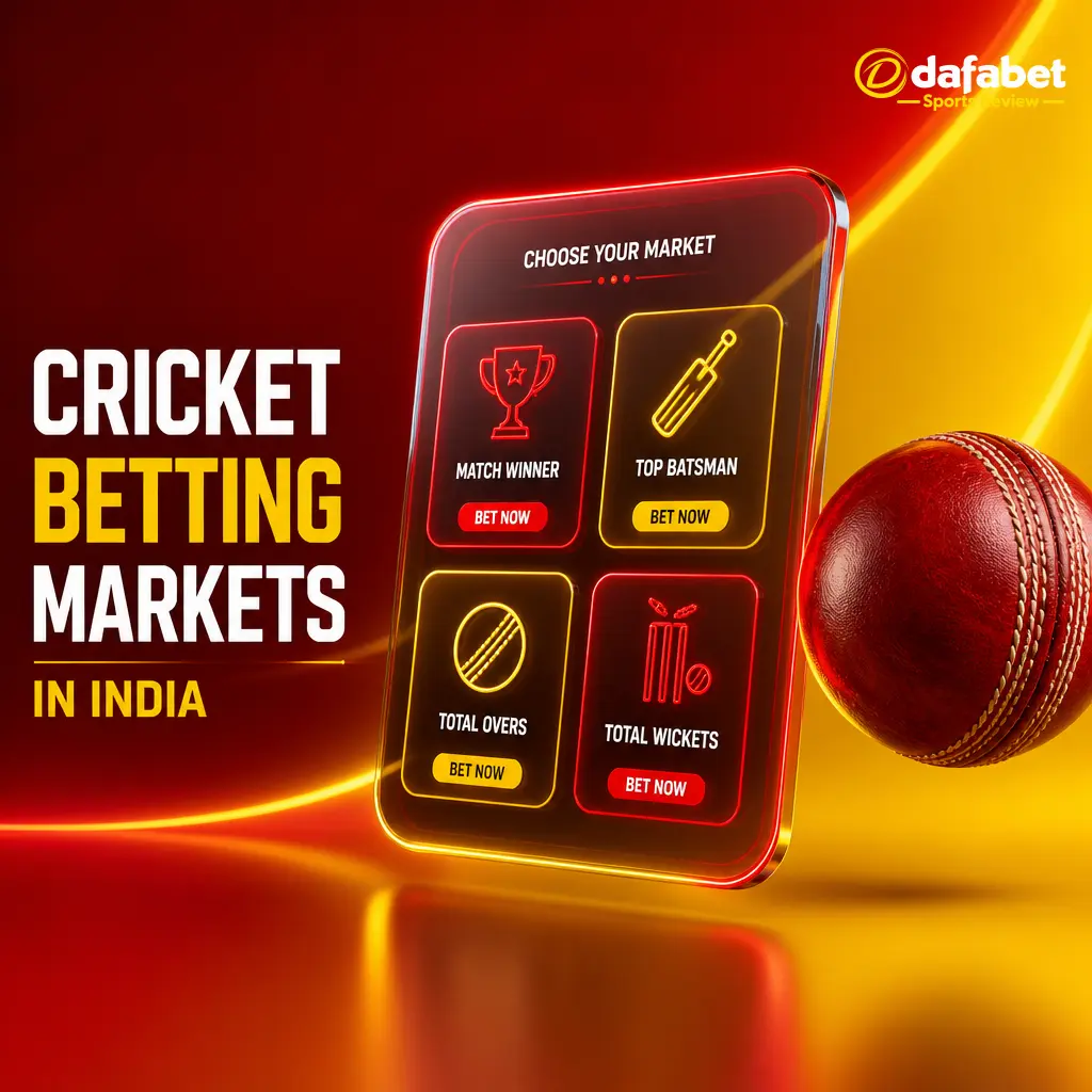 Dafabet cricket betting markets in India: match winner, top batsman, top bowler, total sixes, wickets, and more.