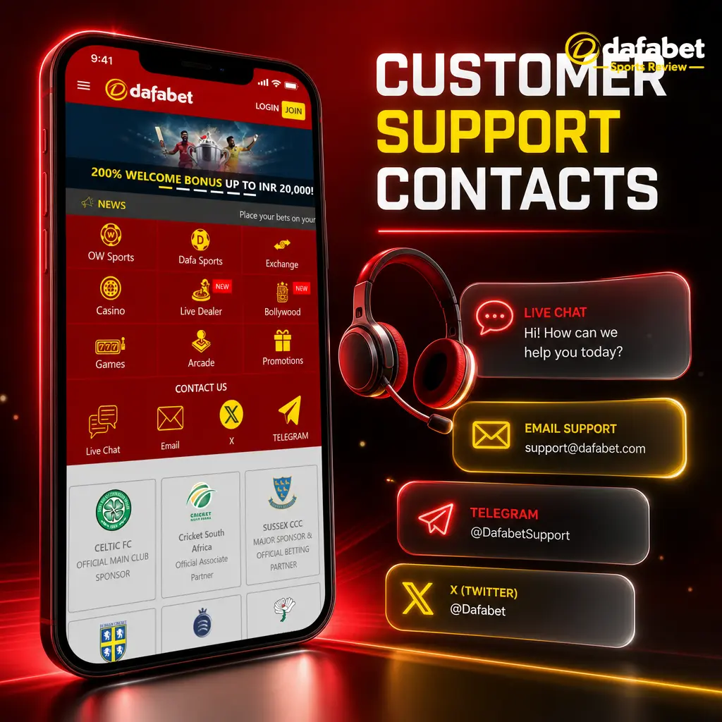Dafabet 24/7 customer support contacts: Live Chat, Email, WhatsApp, and Telegram for deposit and payment queries.