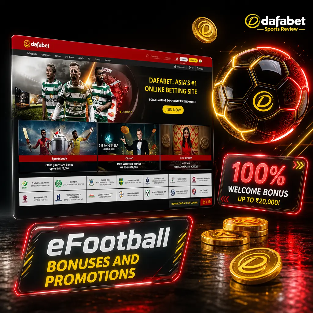 Dafabet eFootball betting bonuses: 200% welcome offer up to INR 20,000, plus enhanced odds and acca boosts on tournaments.