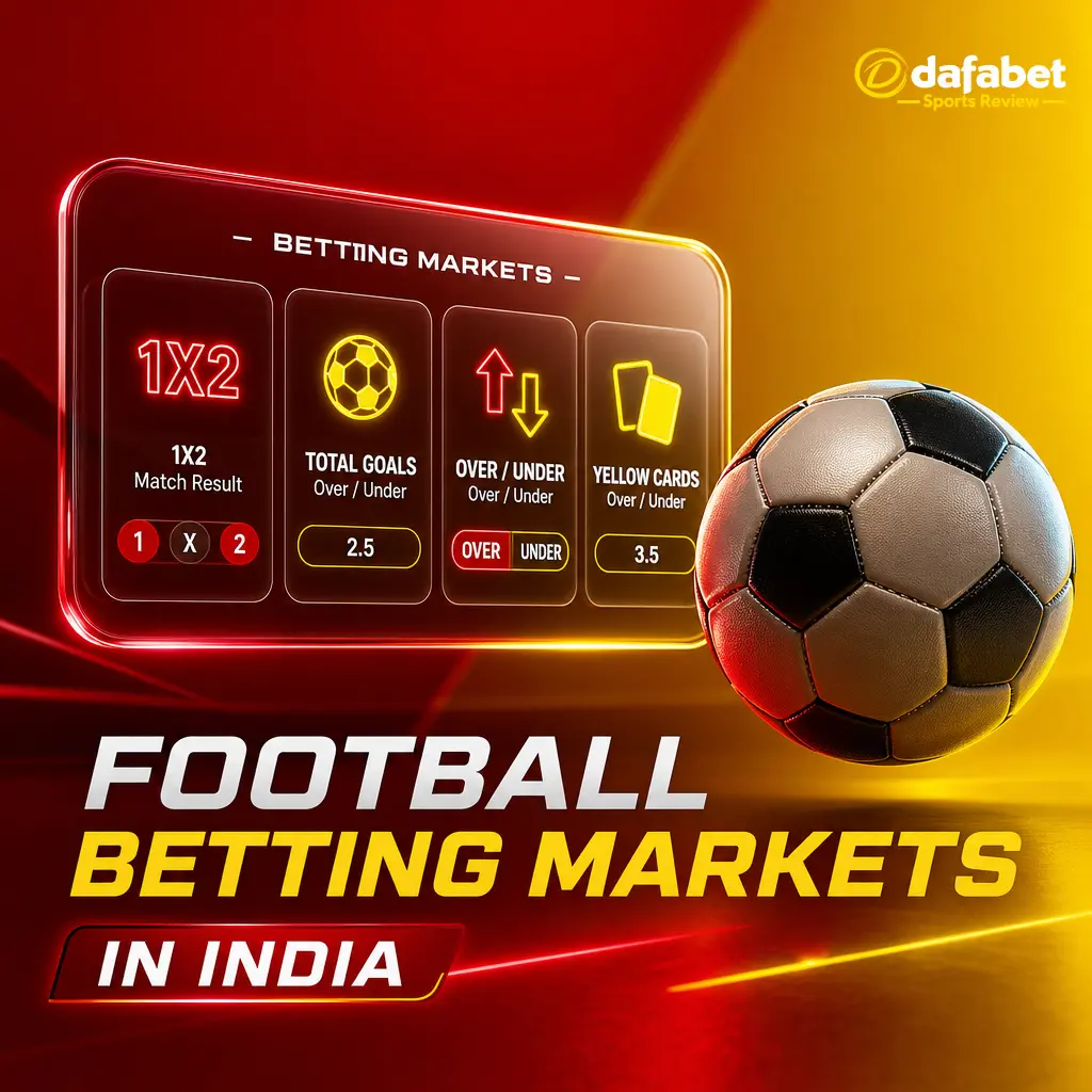 Dafabet football betting markets in India: Match Winner, Over/Under Goals, Both Teams to Score, Asian Handicap, and more.