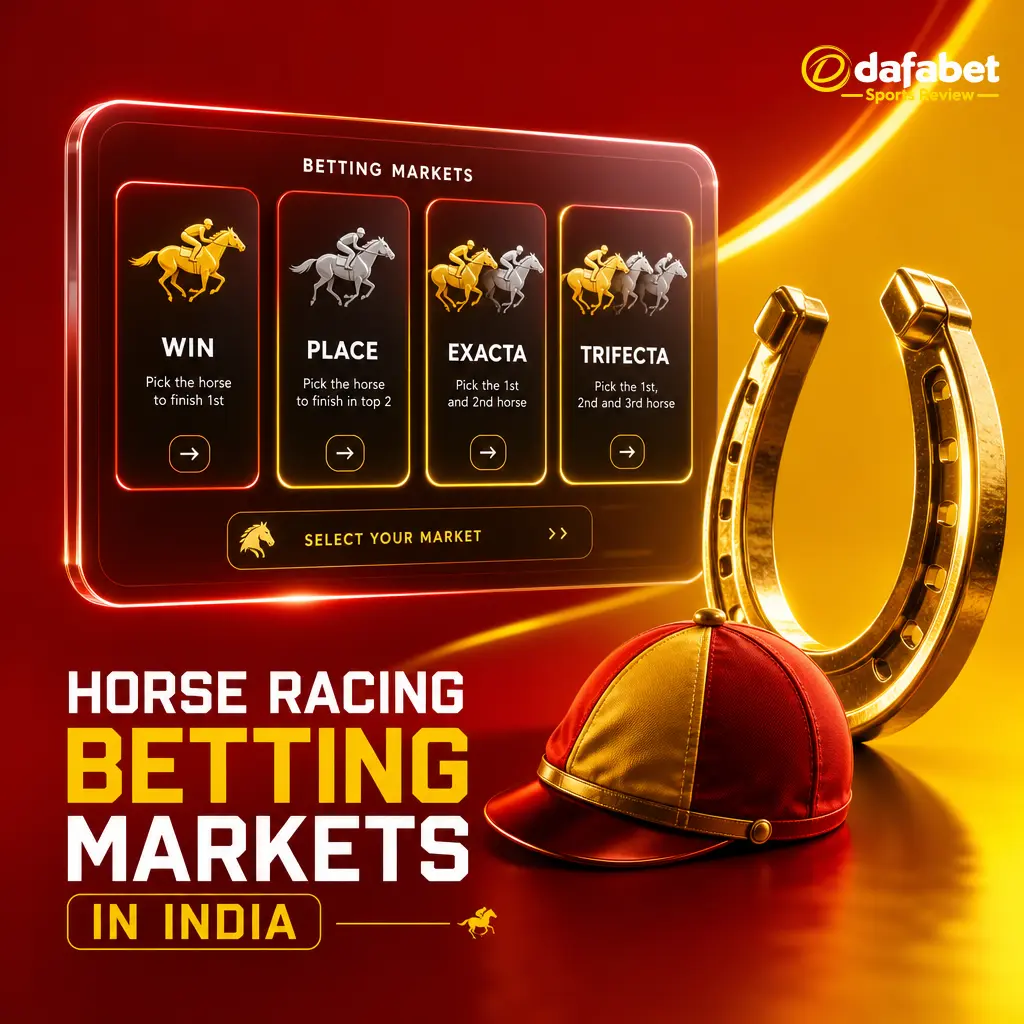 Dafabet horse racing betting markets in India: Win, Place, Show, Exacta, Trifecta, and Each-Way options explained.