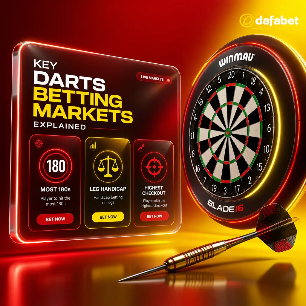 Guide to key darts betting markets on Dafabet: match winner, handicaps, 180s, checkouts, and 9-dart finish props.