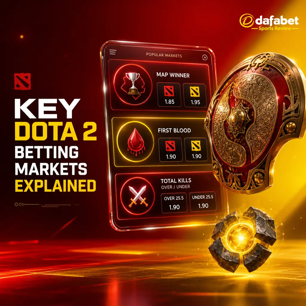 Dafabet Dota 2 betting markets: match winner, map handicap, total maps, first blood, first to 10 kills, total kills, first Roshan kill