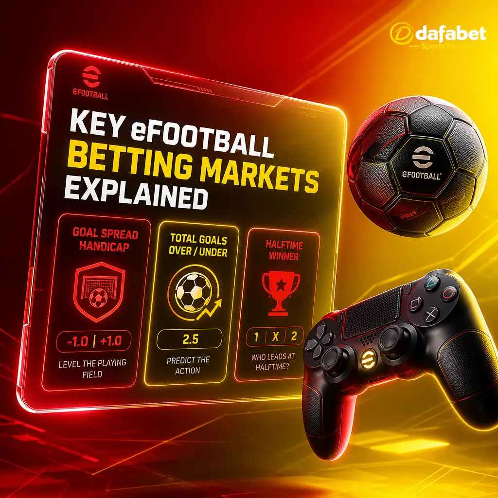 Guide to key Dafabet eFootball betting markets: Match Winner, Goal Spread, Over/Under, BTTS, HT/FT, and Correct Score.