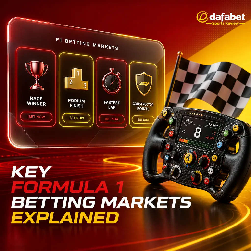 Overview of key Dafabet Formula 1 betting markets including race winner, podium finish, fastest lap, and qualifying odds.