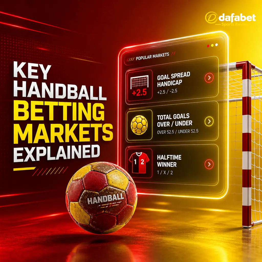 Dafabet Handball app betting markets: goal spread, moneyline, total goals, halftime/fulltime, first to 10, and winning margin.