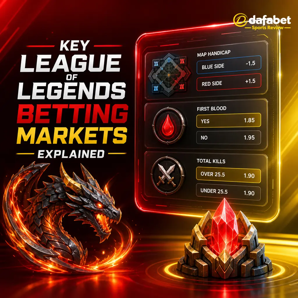 Dafabet League of Legends betting markets: match winner, map handicap, total kills, first blood, first dragon/baron, towers destroyed.