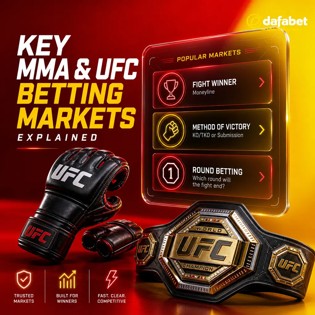 Key MMA and UFC betting markets on Dafabet: moneyline, method of victory, total rounds, round betting, and distance bets.