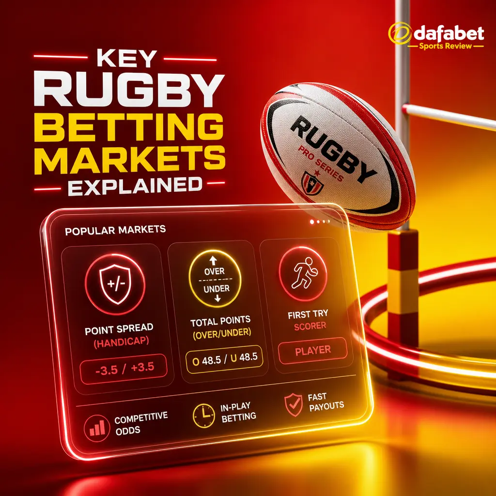Dafabet rugby betting markets: point spread, moneyline, total points, first try scorer, anytime try scorer, and winning margin explained.