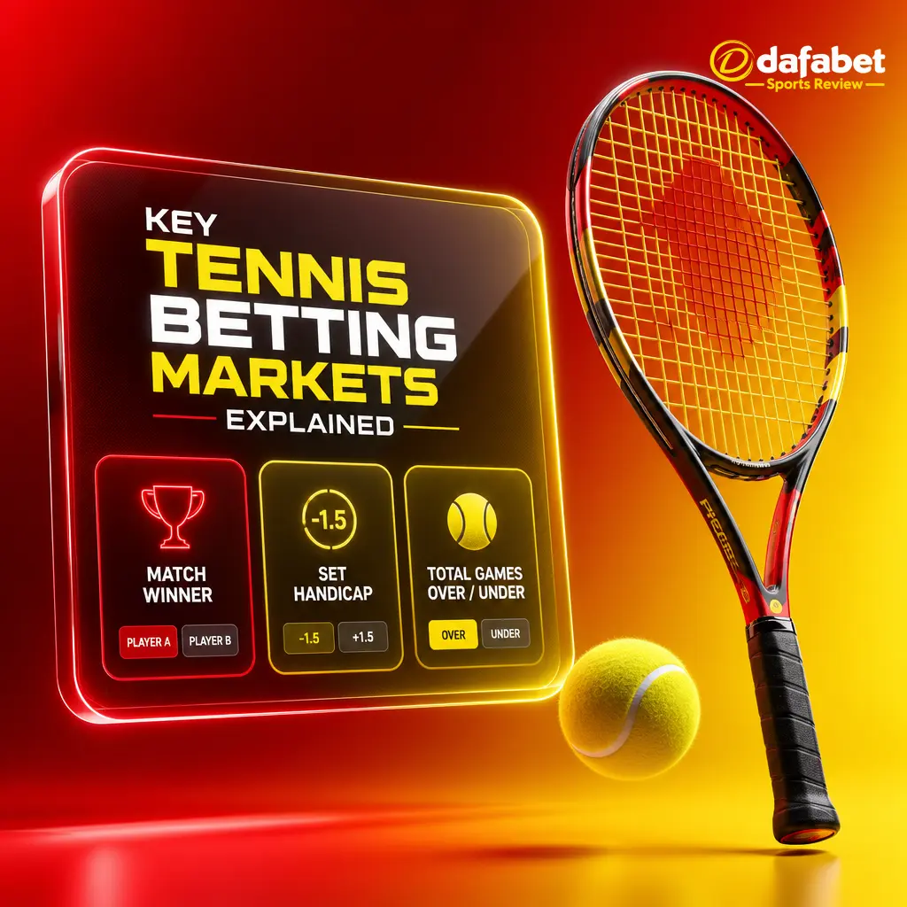 Overview of key Dafabet tennis betting markets: match winner, set betting, totals, handicap, correct score, first set winner.