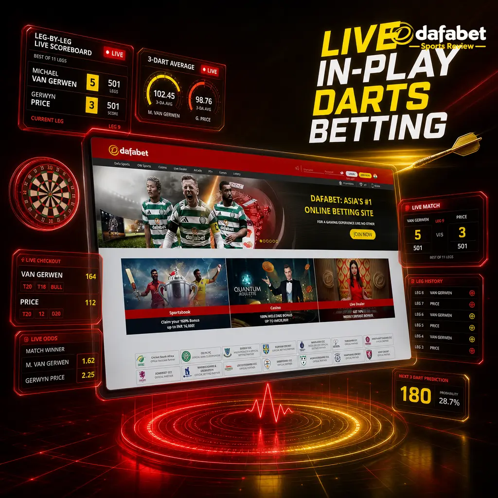 Dafabet live in-play darts betting app showing real-time leg odds, checkout prices, and 3-dart average tracking