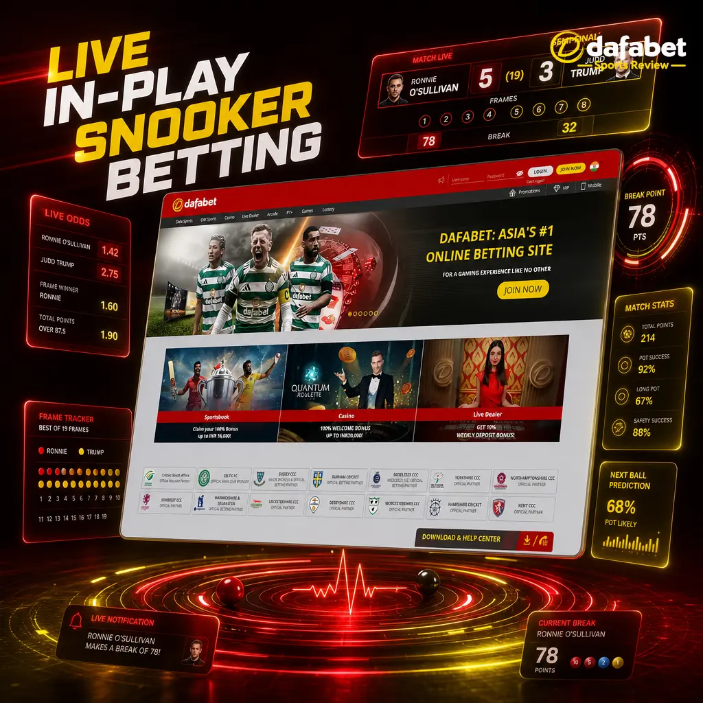 Live in-play snooker betting on Dafabet with real-time odds, scoreboards, and frame-by-frame markets for major 2026 tournaments.
