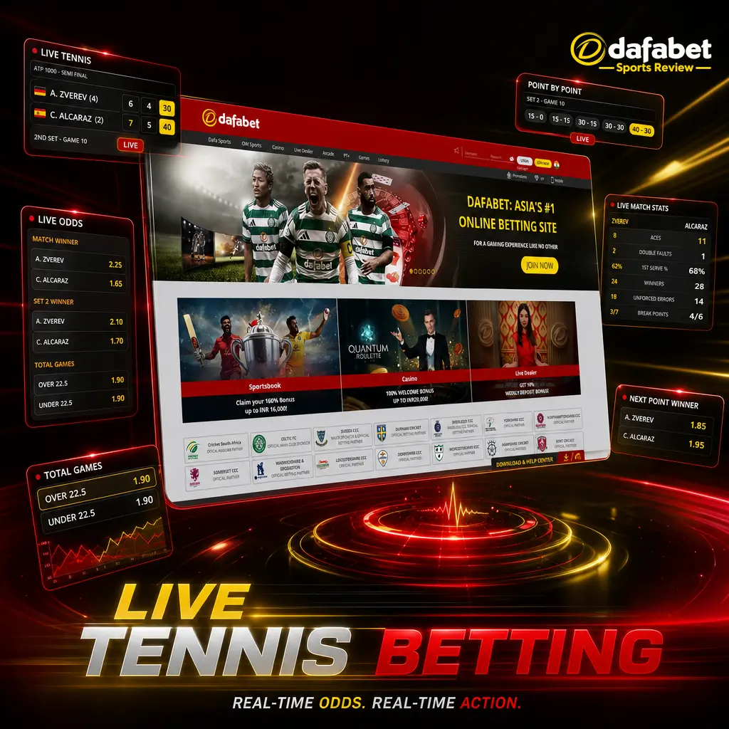 Dafabet live tennis betting with real-time odds, point-by-point updates, live score tracker, and ATP/WTA in-play match markets.