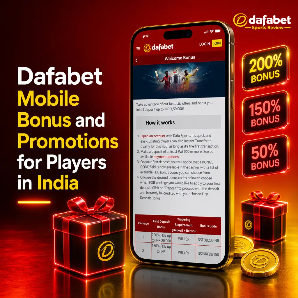 Dafabet mobile app screen showing the 200% welcome bonus up to INR 20,000 for Indian sportsbook and casino players