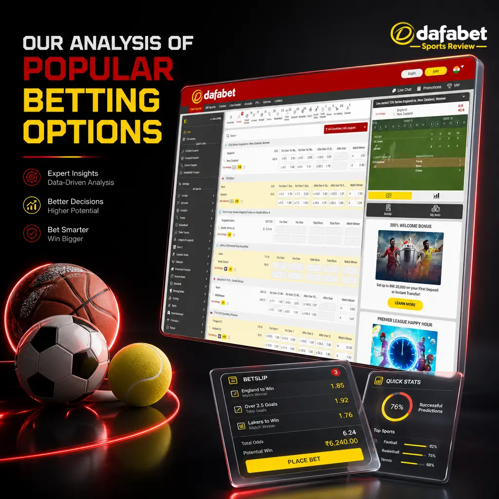 Overview of Dafabet betting options including Match Winner, Over/Under Totals, and Outright Winner markets