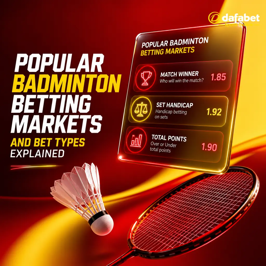 Overview of popular Dafabet badminton betting markets: match winner, set handicap, total points, correct score, and live rally props.