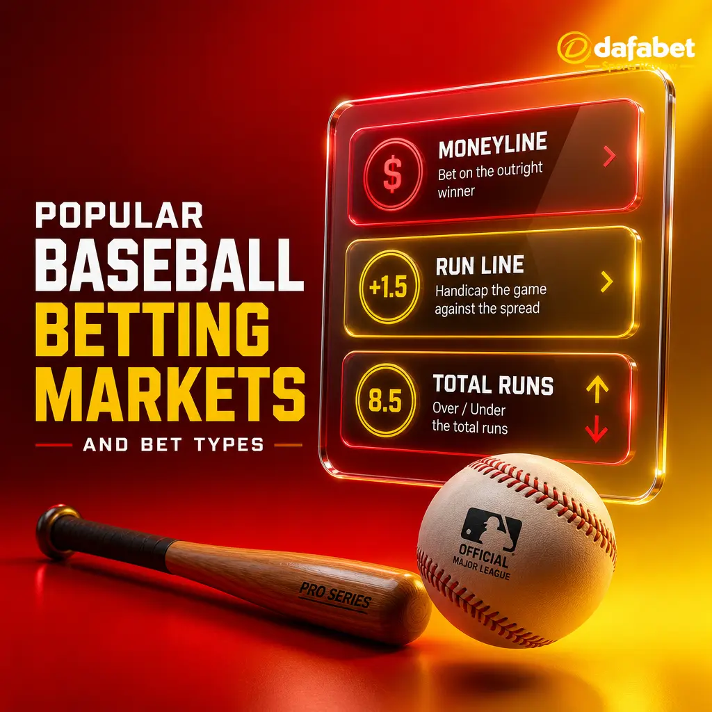 Popular baseball betting markets on Dafabet: Moneyline, Run Line, Total Runs, Prop Bets, Series Winners, and Live In-Play options.