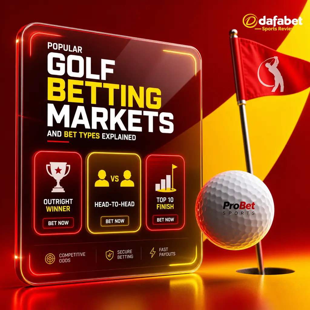 Dafabet Golf betting app screen showing popular markets: tournament winner, each way, head to head, top finish, and hole in one props.