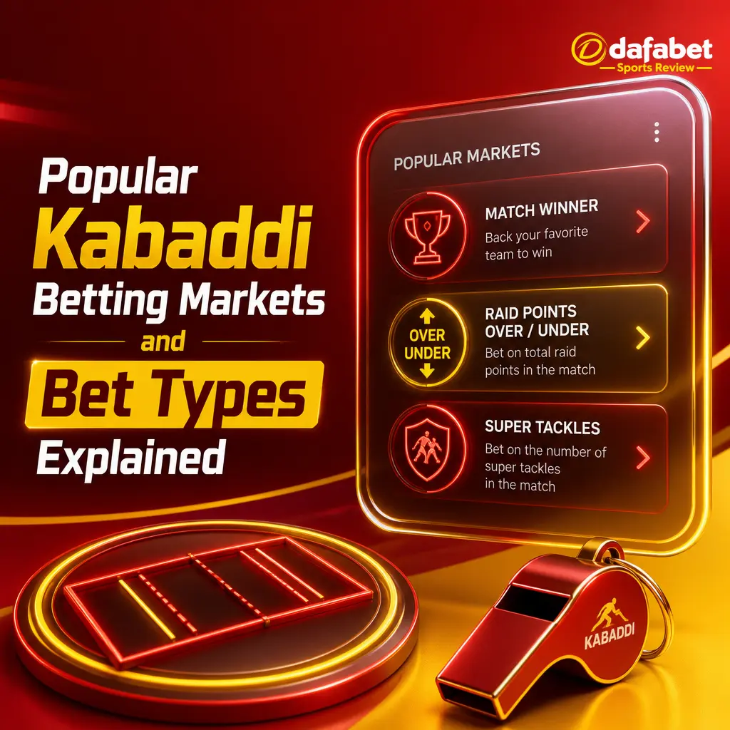 Guide to popular Kabaddi betting markets on Dafabet, including match winner, raid points, tackle points, and super tackle bets.