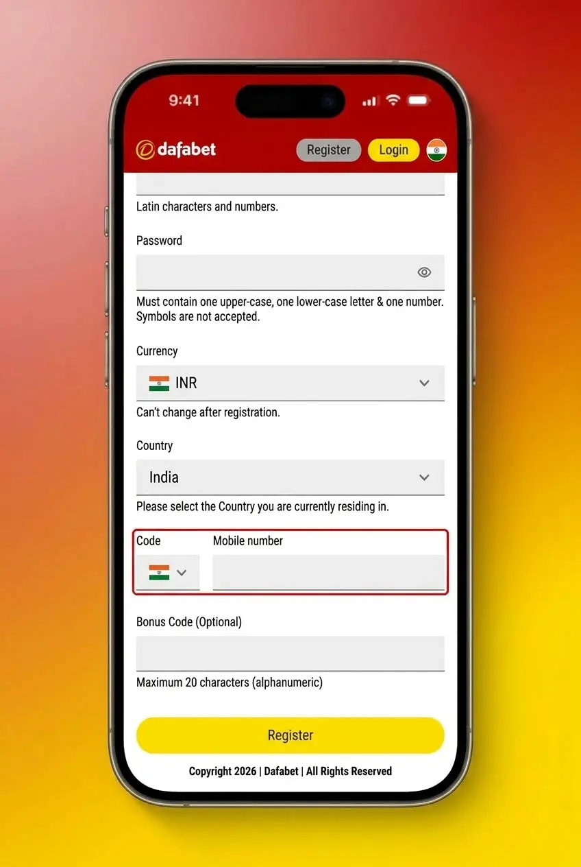 Dafabet sign up form screenshot showing registration steps for mobile, email, or social account creation