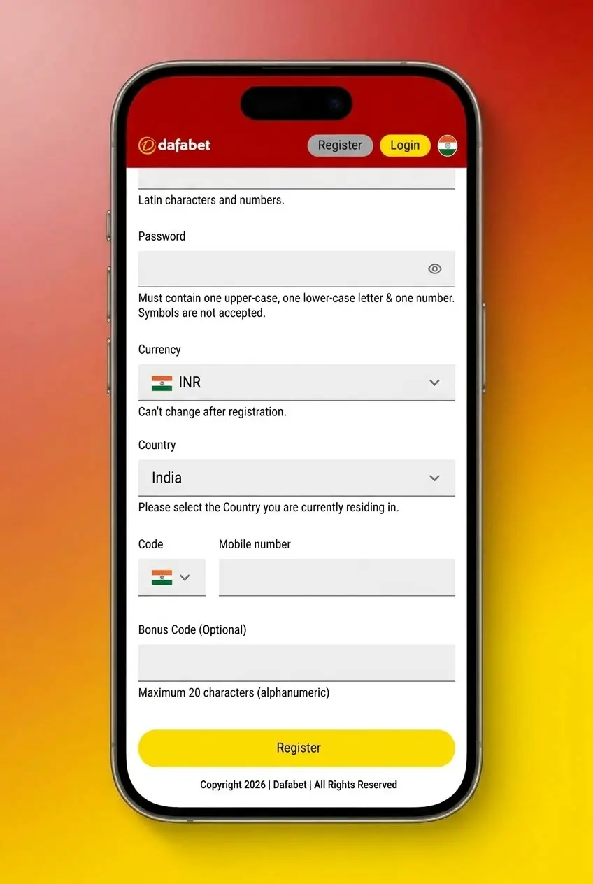 Step-by-step guide showing Dafabet sign up form with fields for name, mobile, email, and password creation