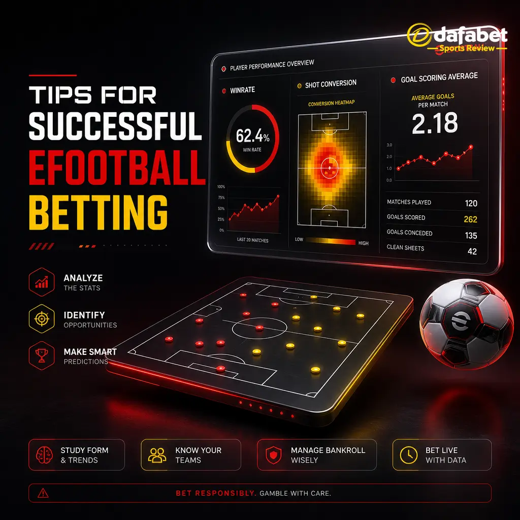 Infographic outlining key eFootball betting tips: playstyle, roster type, patch updates, recent form, and bankroll management.