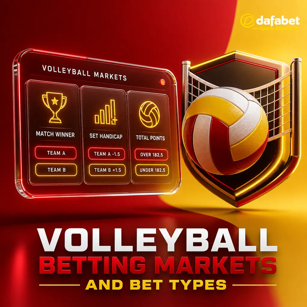 Dafabet volleyball betting markets: Match Winner, Set Handicap, Total Sets, Total Points, Correct Set Score, First Set Winner options.