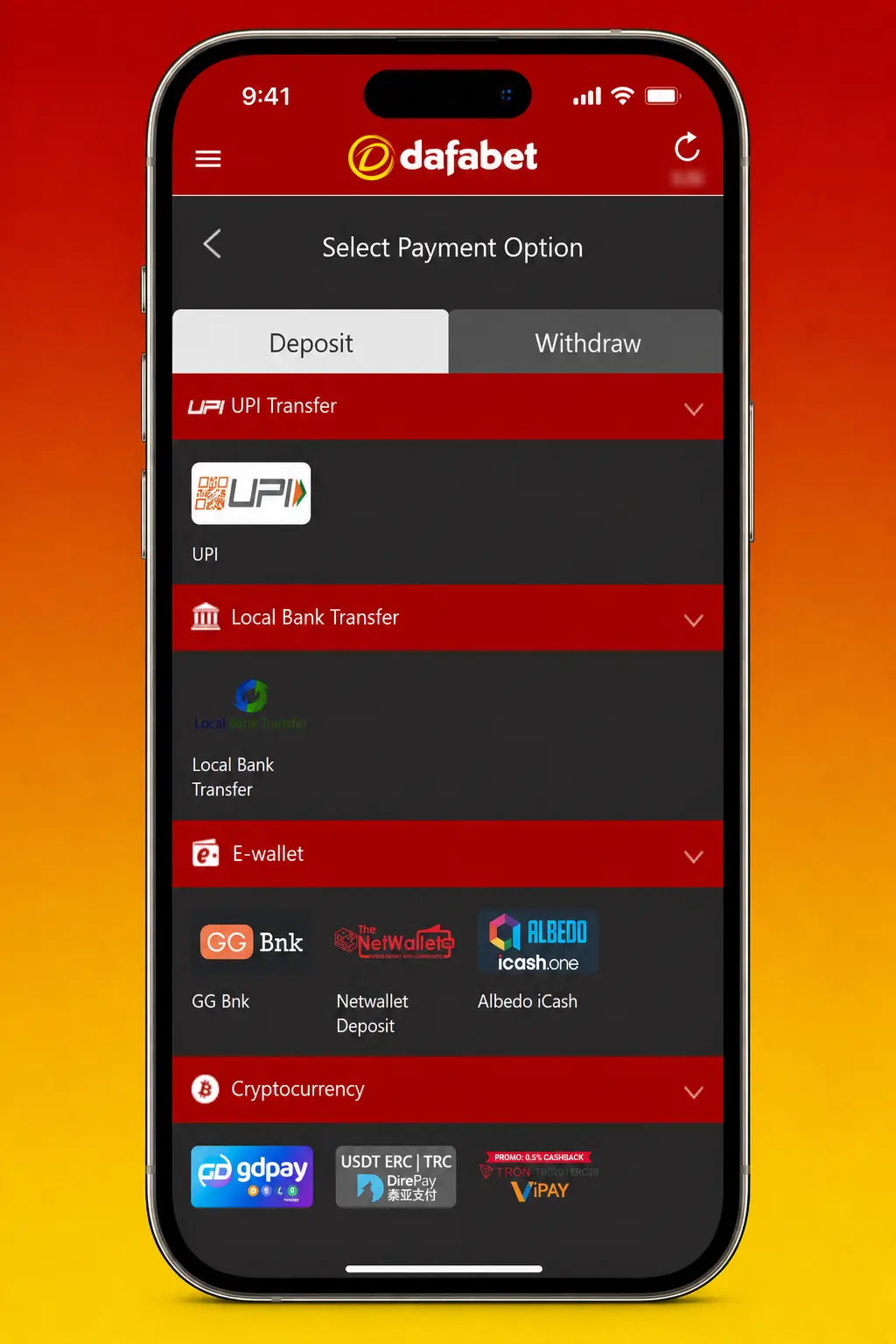 Step-by-step screenshot showing how to deposit money at Dafabet using UPI, Net Banking, or cards