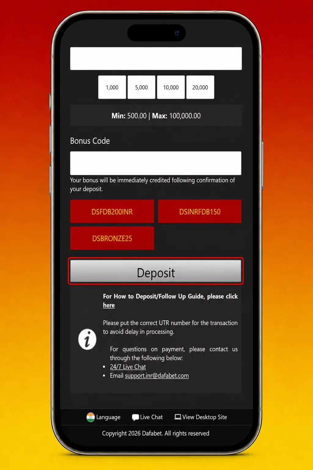 Step-by-step screenshot guide showing how to deposit money at Dafabet using UPI, Net Banking, or cards