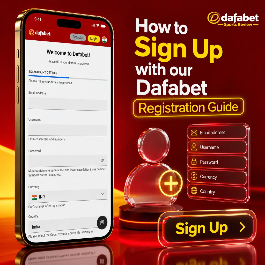 Step-by-step Dafabet registration guide showing sign-up form fields for account creation and welcome bonus activation