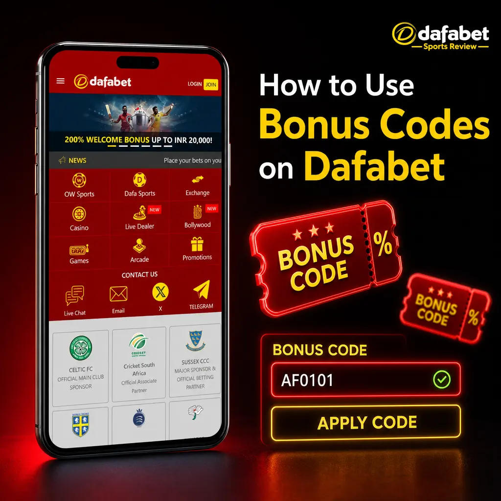 Step-by-step guide showing how to enter and apply a bonus code during deposit checkout on Dafabet
