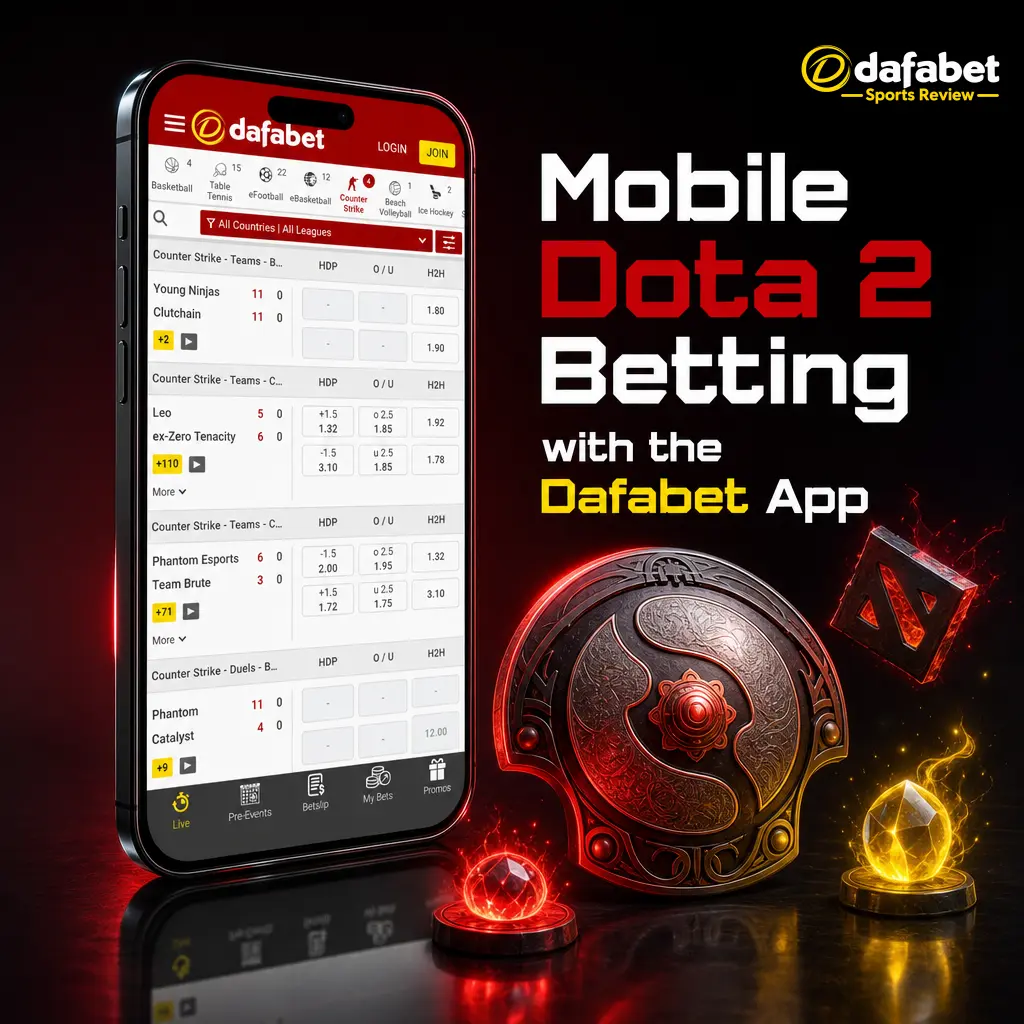Dafabet app interface showing Dota 2 esports betting section with live odds and match fixtures on mobile