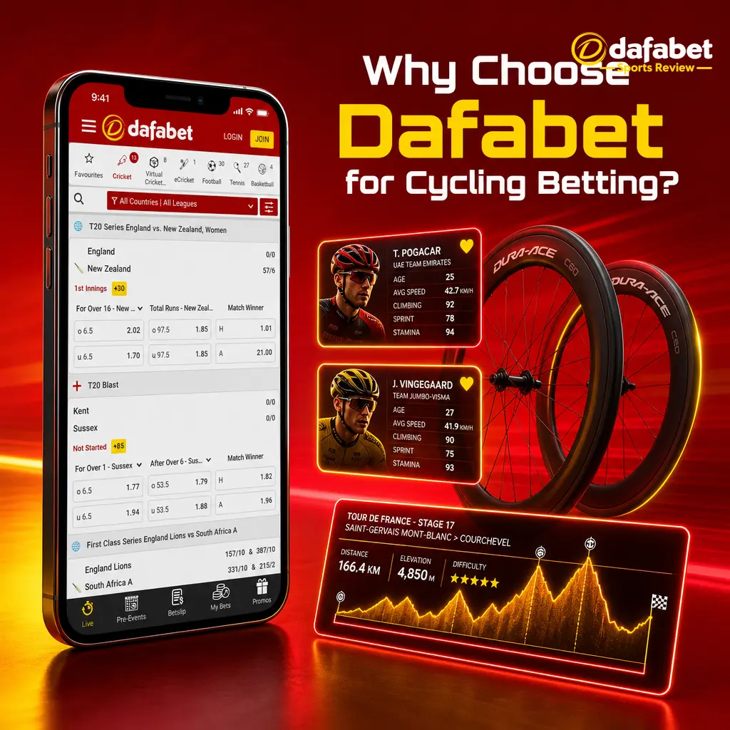 Dafabet cycling betting app showing Grand Tour odds, stage winner markets, and live in-race pricing for Indian bettors.